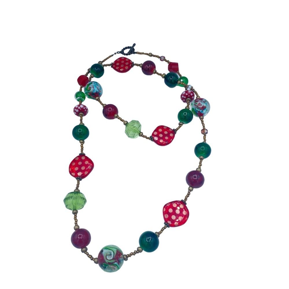 Art necklace multicolour long necklace large beads bronze seed beads whimsical